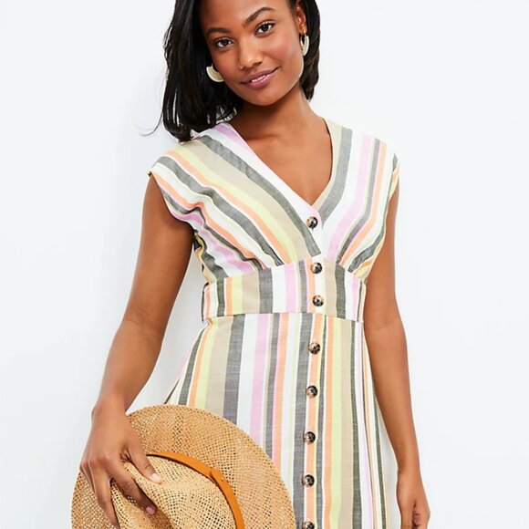 LOFT Striped Dress 14 NWT NEW Linen Swing Dress (cream pink orange brown) - Picture 3 of 13